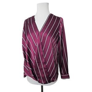 Vince Camuto Striped Satin Faux Wrap Long Sleeve Blouse XXS